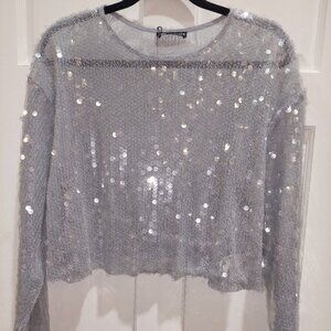 NEW Zara Cropped Gray Sequin Sweater Size Medium Long Sleeve NWT